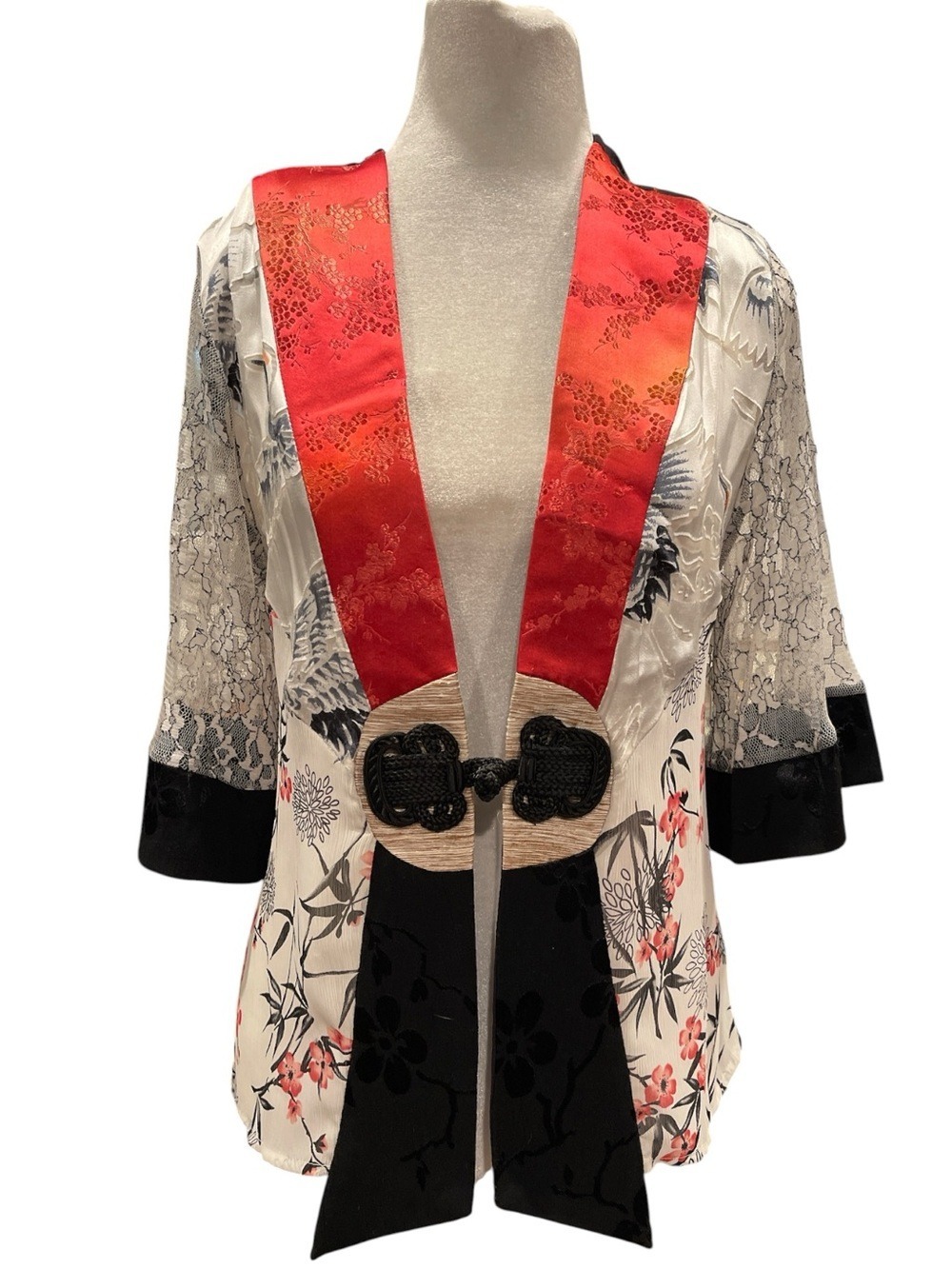 Spencer Alexis Art to Wear Crane Print Kimono Jacket Silk Blend S